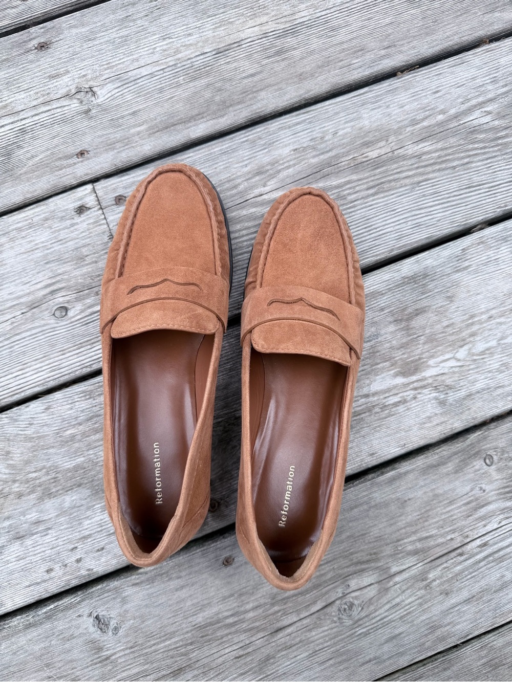 Reformation Ani Ruched Loafers in Brown Suede